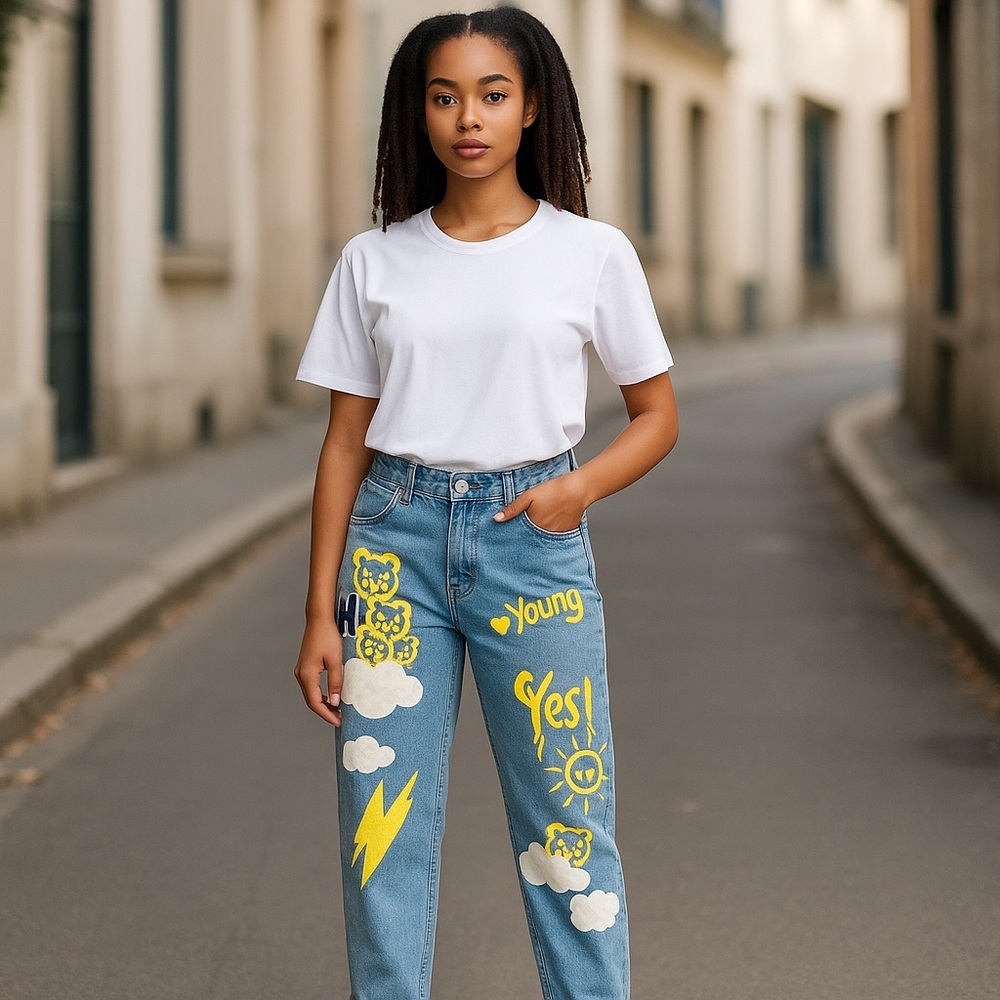 Shein High Waist Letter and Cartoon Graphic Jeans